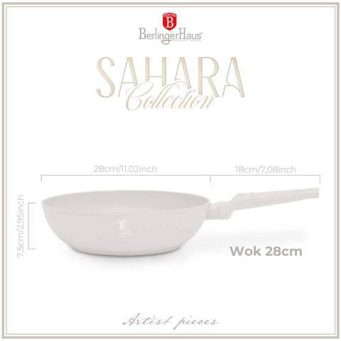Product image of Wok 28cm. Part of the Sahara Collection . Features: • Material: forged aluminum with non-stick titanPro coating • Wok Ø28*7,4 cm 3,2L • Color: matt cream REGISTERED DESIGN BY BERLINGER HAUS!. (Studio view). Official Berlinger Haus product, boosted by Promintra sl.