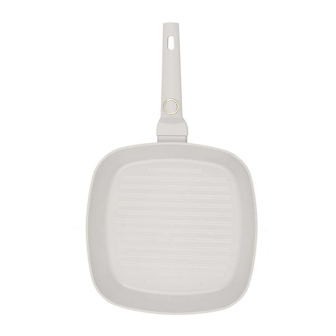 Product image of Grill pan 28cm. Part of the Sahara Collection . Features: • Material: forged aluminum with non-stick titanPro coating • Grill pan Ø28*4,1 cm 2,1L • Color: matt cream REGISTERED DESIGN BY BERLINGER HAUS!. (Studio view). Official Berlinger Haus product, boosted by Promintra sl.