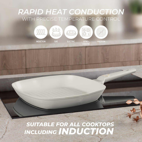 Product image of Grill pan 28cm. Part of the Sahara Collection . Features: • Material: forged aluminum with non-stick titanPro coating • Grill pan Ø28*4,1 cm 2,1L • Color: matt cream REGISTERED DESIGN BY BERLINGER HAUS!. (Studio view). Official Berlinger Haus product, boosted by Promintra sl.