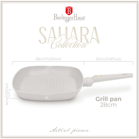 Product image of Grill pan 28cm. Part of the Sahara Collection . Features: • Material: forged aluminum with non-stick titanPro coating • Grill pan Ø28*4,1 cm 2,1L • Color: matt cream REGISTERED DESIGN BY BERLINGER HAUS!. (Studio view). Official Berlinger Haus product, boosted by Promintra sl.