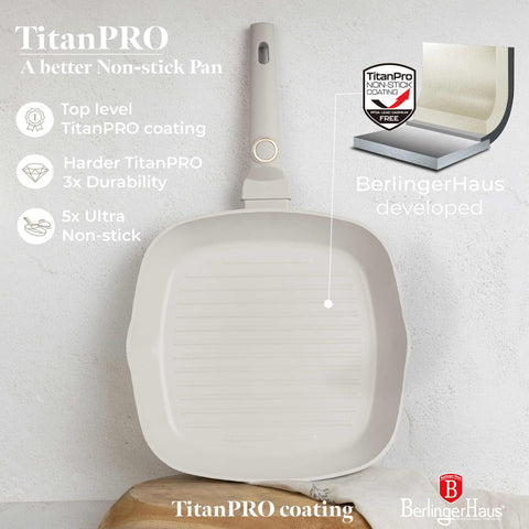 Product image of Grill pan 28cm. Part of the Sahara Collection . Features: • Material: forged aluminum with non-stick titanPro coating • Grill pan Ø28*4,1 cm 2,1L • Color: matt cream REGISTERED DESIGN BY BERLINGER HAUS!. (Studio view). Official Berlinger Haus product, boosted by Promintra sl.