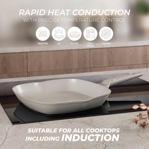 Product image of Grill pan 28cm. Part of the Sahara Collection . Features: • Material: forged aluminum with non-stick titanPro coating • Grill pan Ø28*4,1 cm 2,1L • Color: matt cream REGISTERED DESIGN BY BERLINGER HAUS!. (Studio view). Official Berlinger Haus product, boosted by Promintra sl.