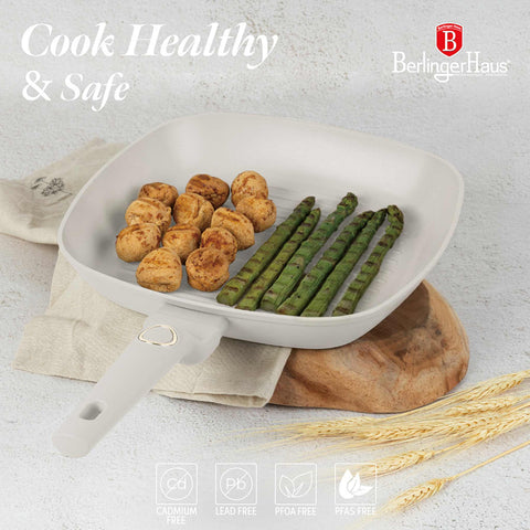 Product image of Grill pan 28cm. Part of the Sahara Collection . Features: • Material: forged aluminum with non-stick titanPro coating • Grill pan Ø28*4,1 cm 2,1L • Color: matt cream REGISTERED DESIGN BY BERLINGER HAUS!. (Studio view). Official Berlinger Haus product, boosted by Promintra sl.