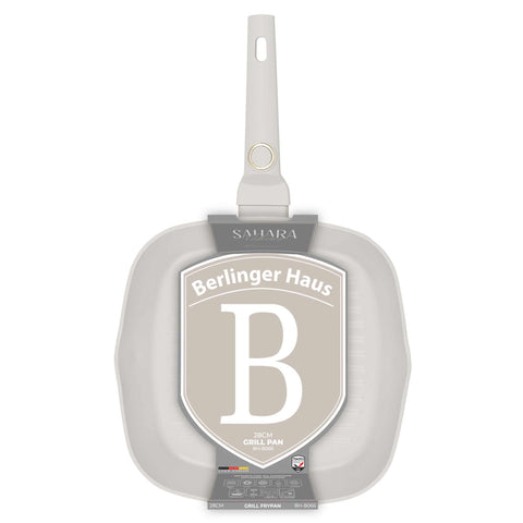 Product image of Grill pan 28cm. Part of the Sahara Collection . Features: • Material: forged aluminum with non-stick titanPro coating • Grill pan Ø28*4,1 cm 2,1L • Color: matt cream REGISTERED DESIGN BY BERLINGER HAUS!. (Studio view). Official Berlinger Haus product, boosted by Promintra sl.