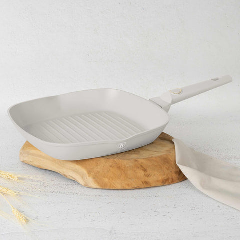 Product image of Grill pan 28cm. Part of the Sahara Collection . Features: • Material: forged aluminum with non-stick titanPro coating • Grill pan Ø28*4,1 cm 2,1L • Color: matt cream REGISTERED DESIGN BY BERLINGER HAUS!. (Studio view). Official Berlinger Haus product, boosted by Promintra sl.