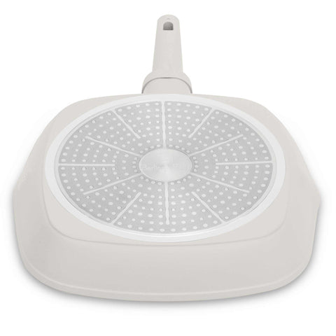 Product image of Grill pan with lid 28cm. Part of the Sahara Collection . Features: • Material: forged aluminum with non-stick titanPro coating • Grill pan with lid Ø28*4,1 cm 2,1L • Color: matt cream REGISTERED DESIGN BY BERLINGER.... (Studio view). Official Berlinger Haus product, boosted by Promintra sl.