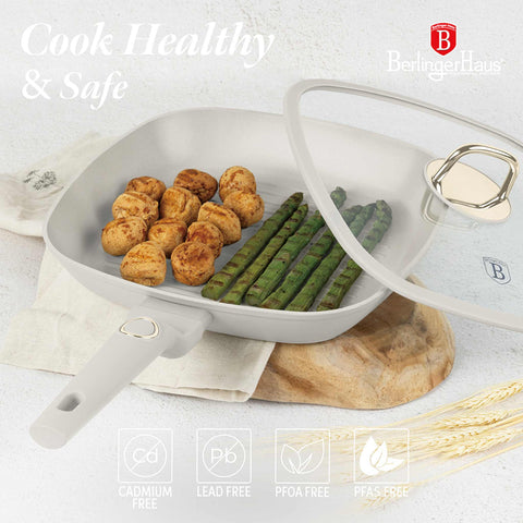 Product image of Grill pan with lid 28cm. Part of the Sahara Collection . Features: • Material: forged aluminum with non-stick titanPro coating • Grill pan with lid Ø28*4,1 cm 2,1L • Color: matt cream REGISTERED DESIGN BY BERLINGER.... (Studio view). Official Berlinger Haus product, boosted by Promintra sl.