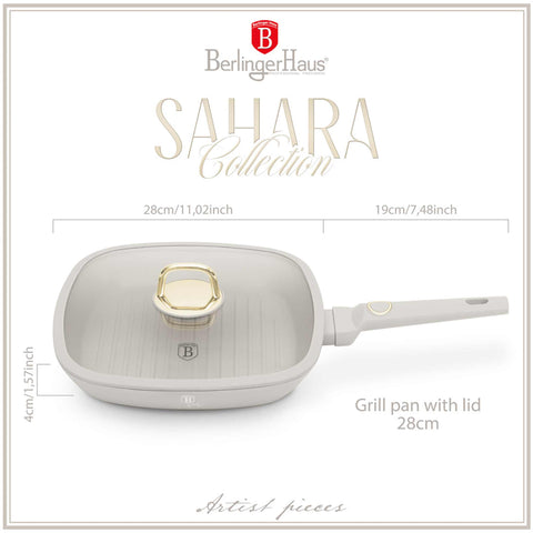 Product image of Grill pan with lid 28cm. Part of the Sahara Collection . Features: • Material: forged aluminum with non-stick titanPro coating • Grill pan with lid Ø28*4,1 cm 2,1L • Color: matt cream REGISTERED DESIGN BY BERLINGER.... (Studio view). Official Berlinger Haus product, boosted by Promintra sl.