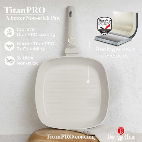 Product image of Grill pan with lid 28cm. Part of the Sahara Collection . Features: • Material: forged aluminum with non-stick titanPro coating • Grill pan with lid Ø28*4,1 cm 2,1L • Color: matt cream REGISTERED DESIGN BY BERLINGER.... (Studio view). Official Berlinger Haus product, boosted by Promintra sl.