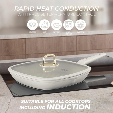 Product image of Grill pan with lid 28cm. Part of the Sahara Collection . Features: • Material: forged aluminum with non-stick titanPro coating • Grill pan with lid Ø28*4,1 cm 2,1L • Color: matt cream REGISTERED DESIGN BY BERLINGER.... (Studio view). Official Berlinger Haus product, boosted by Promintra sl.