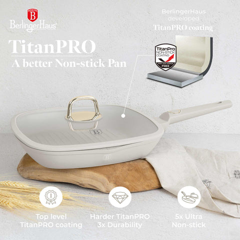 Product image of Grill pan with lid 28cm. Part of the Sahara Collection . Features: • Material: forged aluminum with non-stick titanPro coating • Grill pan with lid Ø28*4,1 cm 2,1L • Color: matt cream REGISTERED DESIGN BY BERLINGER.... (Studio view). Official Berlinger Haus product, boosted by Promintra sl.