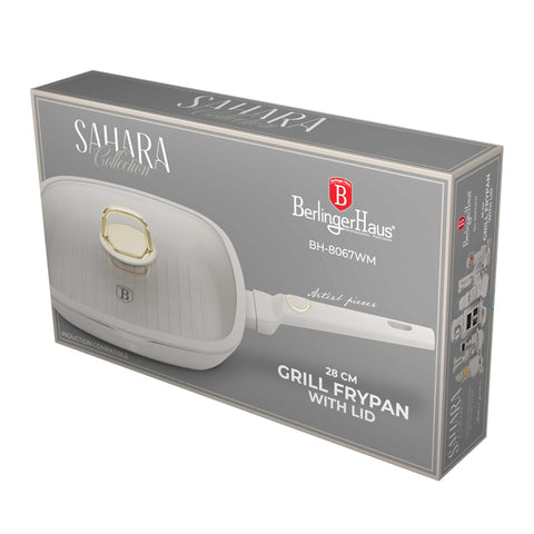 Product image of Grill pan with lid 28cm. Part of the Sahara Collection . Features: • Material: forged aluminum with non-stick titanPro coating • Grill pan with lid Ø28*4,1 cm 2,1L • Color: matt cream REGISTERED DESIGN BY BERLINGER.... (Studio view). Official Berlinger Haus product, boosted by Promintra sl.