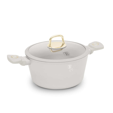 Product image of Casserole with lid 24cm. Part of the Sahara Collection . Features: • Material: forged aluminum with non-stick titanPro coating • Casserole with lid Ø24*11,8 cm 4,1L • Color: matt cream REGISTERED DESIGN BY BERLINGE.... (Studio view). Official Berlinger Haus product, boosted by Promintra sl.
