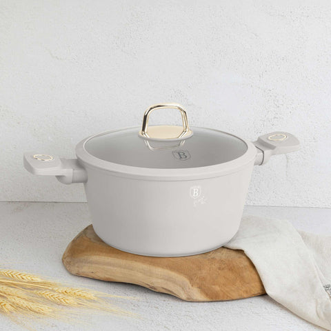 Product image of Casserole with lid 24cm. Part of the Sahara Collection . Features: • Material: forged aluminum with non-stick titanPro coating • Casserole with lid Ø24*11,8 cm 4,1L • Color: matt cream REGISTERED DESIGN BY BERLINGE.... (Studio view). Official Berlinger Haus product, boosted by Promintra sl.