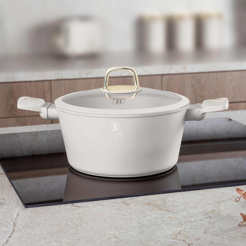 Product image of Casserole with lid 24cm. Part of the Sahara Collection . Features: • Material: forged aluminum with non-stick titanPro coating • Casserole with lid Ø24*11,8 cm 4,1L • Color: matt cream REGISTERED DESIGN BY BERLINGE.... (Studio view). Official Berlinger Haus product, boosted by Promintra sl.