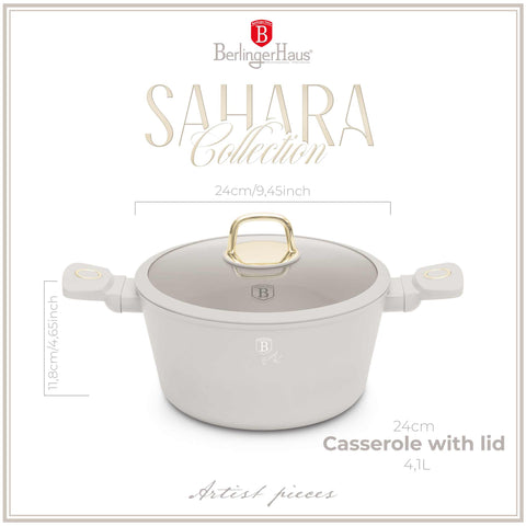 Product image of Casserole with lid 24cm. Part of the Sahara Collection . Features: • Material: forged aluminum with non-stick titanPro coating • Casserole with lid Ø24*11,8 cm 4,1L • Color: matt cream REGISTERED DESIGN BY BERLINGE.... (Studio view). Official Berlinger Haus product, boosted by Promintra sl.