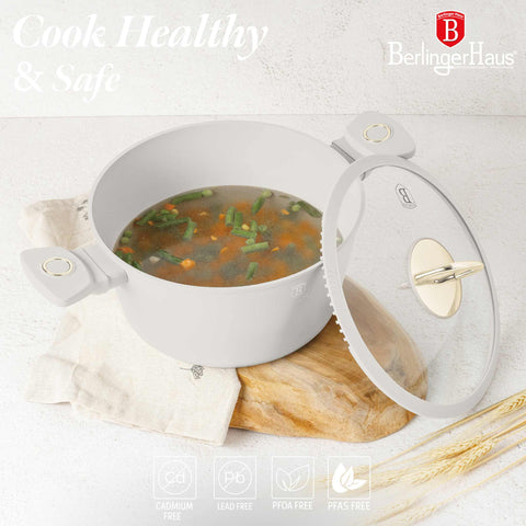 Product image of Casserole with lid 24cm. Part of the Sahara Collection . Features: • Material: forged aluminum with non-stick titanPro coating • Casserole with lid Ø24*11,8 cm 4,1L • Color: matt cream REGISTERED DESIGN BY BERLINGE.... (Studio view). Official Berlinger Haus product, boosted by Promintra sl.