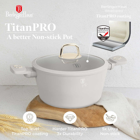 Product image of Casserole with lid 24cm. Part of the Sahara Collection . Features: • Material: forged aluminum with non-stick titanPro coating • Casserole with lid Ø24*11,8 cm 4,1L • Color: matt cream REGISTERED DESIGN BY BERLINGE.... (Studio view). Official Berlinger Haus product, boosted by Promintra sl.