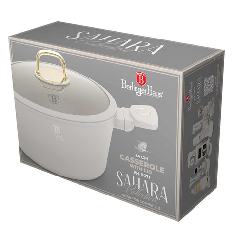 Product image of Casserole with lid 24cm. Part of the Sahara Collection . Features: • Material: forged aluminum with non-stick titanPro coating • Casserole with lid Ø24*11,8 cm 4,1L • Color: matt cream REGISTERED DESIGN BY BERLINGE.... (Studio view). Official Berlinger Haus product, boosted by Promintra sl.