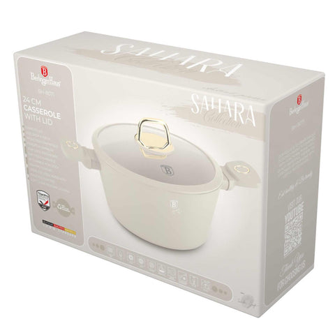 Product image of Casserole with lid 24cm. Part of the Sahara Collection . Features: • Material: forged aluminum with non-stick titanPro coating • Casserole with lid Ø24*11,8 cm 4,1L • Color: matt cream REGISTERED DESIGN BY BERLINGE.... (Studio view). Official Berlinger Haus product, boosted by Promintra sl.
