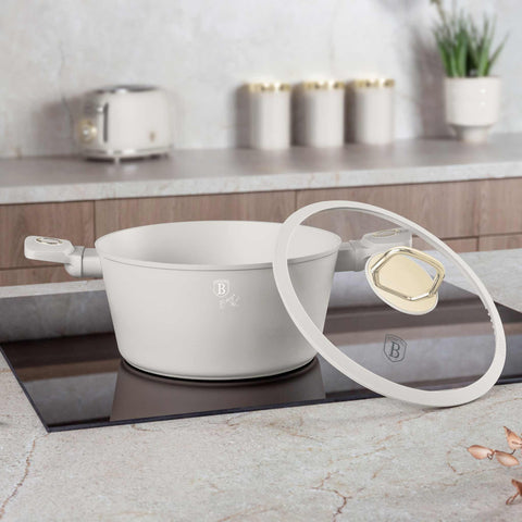 Product image of Casserole with lid 24cm. Part of the Sahara Collection . Features: • Material: forged aluminum with non-stick titanPro coating • Casserole with lid Ø24*11,8 cm 4,1L • Color: matt cream REGISTERED DESIGN BY BERLINGE.... (Studio view). Official Berlinger Haus product, boosted by Promintra sl.