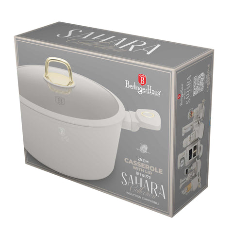 Product image of Casserole with lid 28cm. Part of the Sahara Collection . Features: • Material: forged aluminum with non-stick titanPro coating • Casserole with lid Ø28*12,4 cm 6,1L • Color: matt cream REGISTERED DESIGN BY BERLINGE.... (Studio view). Official Berlinger Haus product, boosted by Promintra sl.