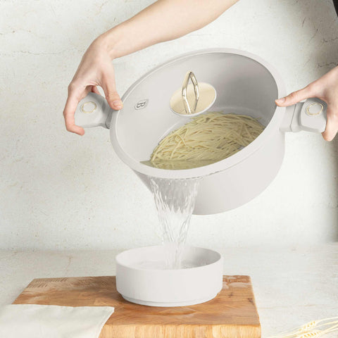 Product image of Casserole with lid 28cm. Part of the Sahara Collection . Features: • Material: forged aluminum with non-stick titanPro coating • Casserole with lid Ø28*12,4 cm 6,1L • Color: matt cream REGISTERED DESIGN BY BERLINGE.... (Studio view). Official Berlinger Haus product, boosted by Promintra sl.