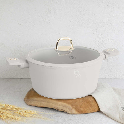 Product image of Casserole with lid 28cm. Part of the Sahara Collection . Features: • Material: forged aluminum with non-stick titanPro coating • Casserole with lid Ø28*12,4 cm 6,1L • Color: matt cream REGISTERED DESIGN BY BERLINGE.... (Studio view). Official Berlinger Haus product, boosted by Promintra sl.