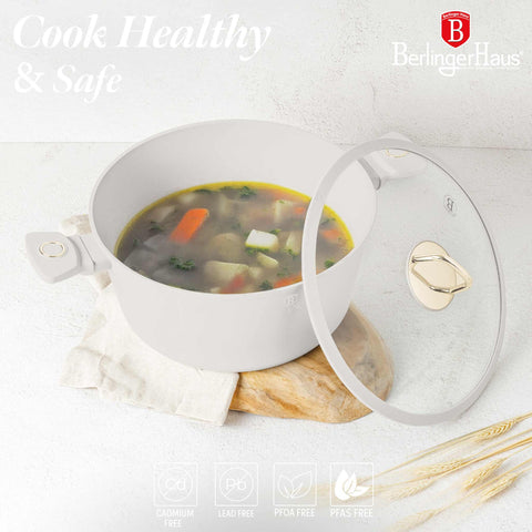 Product image of Casserole with lid 30cm. Part of the Sahara Collection . Features: • Material: forged aluminum with non-stick titanPro coating • Casserole with lid Ø30*13,5 cm 8L • Color: matt cream REGISTERED DESIGN BY BERLINGER .... (Studio view). Official Berlinger Haus product, boosted by Promintra sl.