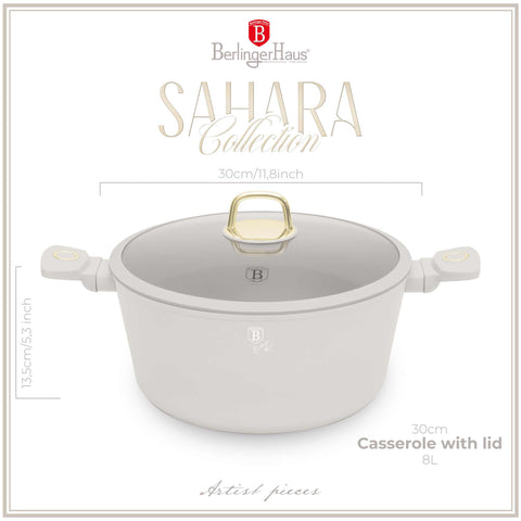 Product image of Casserole with lid 30cm. Part of the Sahara Collection . Features: • Material: forged aluminum with non-stick titanPro coating • Casserole with lid Ø30*13,5 cm 8L • Color: matt cream REGISTERED DESIGN BY BERLINGER .... (Studio view). Official Berlinger Haus product, boosted by Promintra sl.
