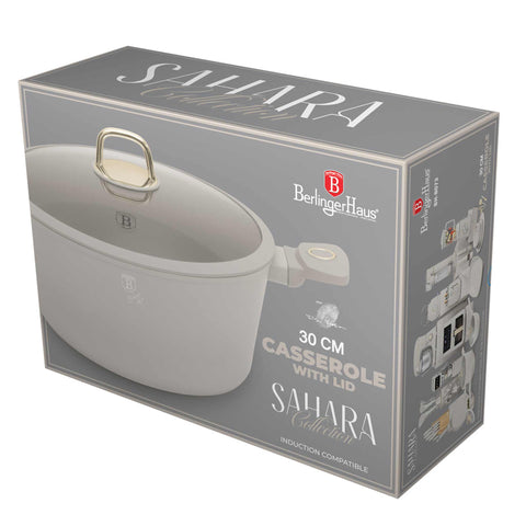 Product image of Casserole with lid 30cm. Part of the Sahara Collection . Features: • Material: forged aluminum with non-stick titanPro coating • Casserole with lid Ø30*13,5 cm 8L • Color: matt cream REGISTERED DESIGN BY BERLINGER .... (Studio view). Official Berlinger Haus product, boosted by Promintra sl.