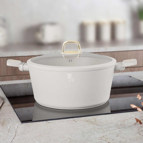 Product image of Casserole with lid 30cm. Part of the Sahara Collection . Features: • Material: forged aluminum with non-stick titanPro coating • Casserole with lid Ø30*13,5 cm 8L • Color: matt cream REGISTERED DESIGN BY BERLINGER .... (Studio view). Official Berlinger Haus product, boosted by Promintra sl.