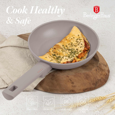 Product image of Frypan 20cm. Part of the Taupe Collection . Features: • Material: forged aluminum with non-stick titanPro coating • Frypan Ø20*4,5 cm 1,0L • Color: matt taupe REGISTERED DESIGN BY BERLINGER HAUS!. (Conceptual view). Official Berlinger Haus product, boosted by Promintra sl.