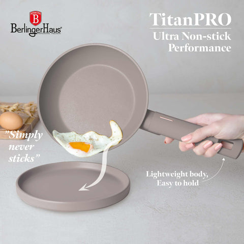 Product image of Frypan 20cm. Part of the Taupe Collection . Features: • Material: forged aluminum with non-stick titanPro coating • Frypan Ø20*4,5 cm 1,0L • Color: matt taupe REGISTERED DESIGN BY BERLINGER HAUS!. (Conceptual view). Official Berlinger Haus product, boosted by Promintra sl.