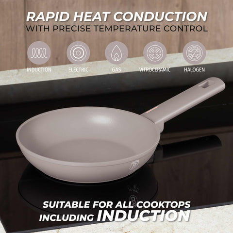 Product image of Frypan 20cm. Part of the Taupe Collection . Features: • Material: forged aluminum with non-stick titanPro coating • Frypan Ø20*4,5 cm 1,0L • Color: matt taupe REGISTERED DESIGN BY BERLINGER HAUS!. (Conceptual view). Official Berlinger Haus product, boosted by Promintra sl.