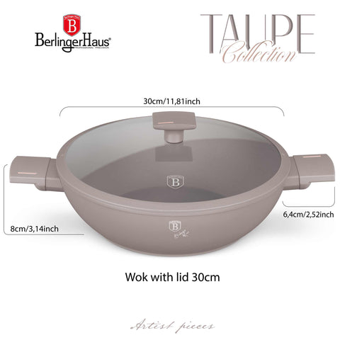  BH/8095, Wok con tapa 30cm, Taupe mate, Wok 30 cm con tapa, Wok, Wok con tapa, Batería de cocina, Cocinar, Sartenes