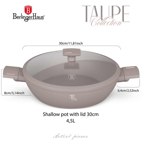  BH/8099, Olla baja con tapa de 30 cm, color topo mate, olla baja de 30 cm, olla baja, olla baja con tapa, olla, utensilios de cocina, cocina, ollas y cazuelas