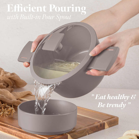 Product image of Casserole with lid 20cm. Part of the Taupe Collection . Features: • Material: forged aluminum with non-stick titanPro coating • Casserole with lid Ø20*10,4 cm 2,5L • Color: matt taupe REGISTERED DESIGN BY BERLINGE.... (Studio view). Official Berlinger Haus product, boosted by Promintra sl.
