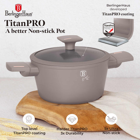 Product image of Casserole with lid 20cm. Part of the Taupe Collection . Features: • Material: forged aluminum with non-stick titanPro coating • Casserole with lid Ø20*10,4 cm 2,5L • Color: matt taupe REGISTERED DESIGN BY BERLINGE.... (Studio view). Official Berlinger Haus product, boosted by Promintra sl.
