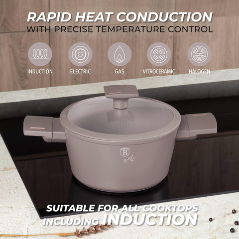 Product image of Casserole with lid 20cm. Part of the Taupe Collection . Features: • Material: forged aluminum with non-stick titanPro coating • Casserole with lid Ø20*10,4 cm 2,5L • Color: matt taupe REGISTERED DESIGN BY BERLINGE.... (Studio view). Official Berlinger Haus product, boosted by Promintra sl.