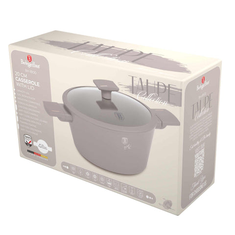 Product image of Casserole with lid 20cm. Part of the Taupe Collection . Features: • Material: forged aluminum with non-stick titanPro coating • Casserole with lid Ø20*10,4 cm 2,5L • Color: matt taupe REGISTERED DESIGN BY BERLINGE.... (Studio view). Official Berlinger Haus product, boosted by Promintra sl.