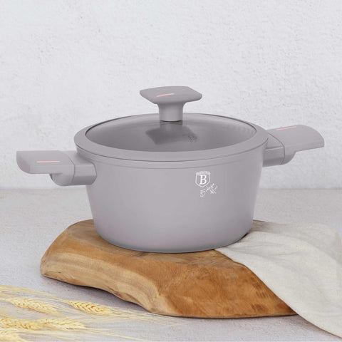Product image of Casserole with lid 20cm. Part of the Taupe Collection . Features: • Material: forged aluminum with non-stick titanPro coating • Casserole with lid Ø20*10,4 cm 2,5L • Color: matt taupe REGISTERED DESIGN BY BERLINGE.... (Studio view). Official Berlinger Haus product, boosted by Promintra sl.