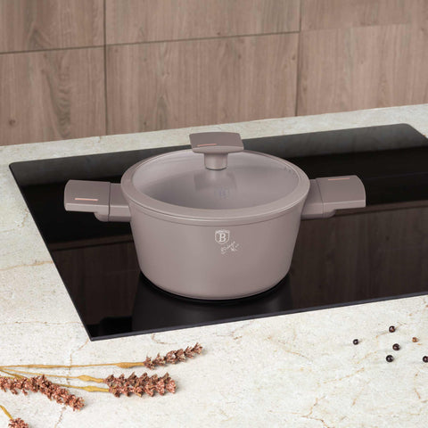 Product image of Casserole with lid 20cm. Part of the Taupe Collection . Features: • Material: forged aluminum with non-stick titanPro coating • Casserole with lid Ø20*10,4 cm 2,5L • Color: matt taupe REGISTERED DESIGN BY BERLINGE.... (Studio view). Official Berlinger Haus product, boosted by Promintra sl.