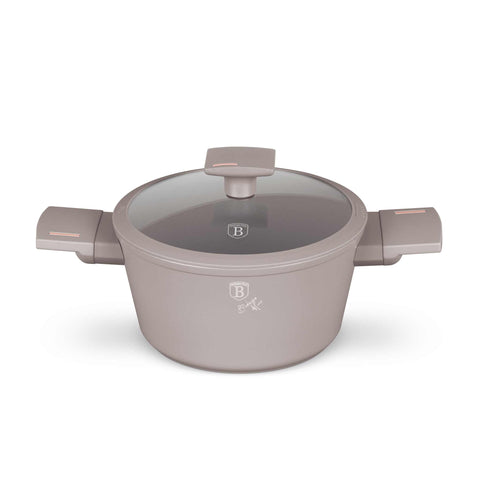 Product image of Casserole with lid 20cm. Part of the Taupe Collection . Features: • Material: forged aluminum with non-stick titanPro coating • Casserole with lid Ø20*10,4 cm 2,5L • Color: matt taupe REGISTERED DESIGN BY BERLINGE.... (Studio view). Official Berlinger Haus product, boosted by Promintra sl.