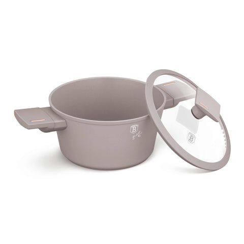 Product image of Casserole with lid 20cm. Part of the Taupe Collection . Features: • Material: forged aluminum with non-stick titanPro coating • Casserole with lid Ø20*10,4 cm 2,5L • Color: matt taupe REGISTERED DESIGN BY BERLINGE.... (Studio view). Official Berlinger Haus product, boosted by Promintra sl.