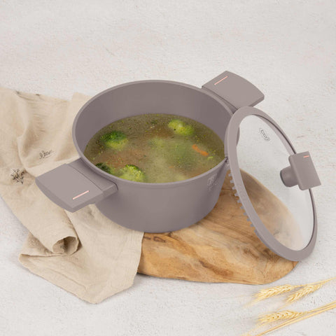 Product image of Casserole with lid 20cm. Part of the Taupe Collection . Features: • Material: forged aluminum with non-stick titanPro coating • Casserole with lid Ø20*10,4 cm 2,5L • Color: matt taupe REGISTERED DESIGN BY BERLINGE.... (Studio view). Official Berlinger Haus product, boosted by Promintra sl.