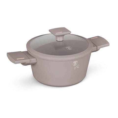 Product image of Casserole with lid 20cm. Part of the Taupe Collection . Features: • Material: forged aluminum with non-stick titanPro coating • Casserole with lid Ø20*10,4 cm 2,5L • Color: matt taupe REGISTERED DESIGN BY BERLINGE.... (Studio view). Official Berlinger Haus product, boosted by Promintra sl.
