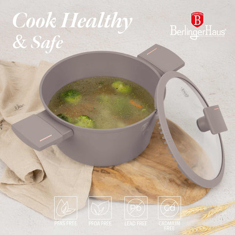Product image of Casserole with lid 20cm. Part of the Taupe Collection . Features: • Material: forged aluminum with non-stick titanPro coating • Casserole with lid Ø20*10,4 cm 2,5L • Color: matt taupe REGISTERED DESIGN BY BERLINGE.... (Studio view). Official Berlinger Haus product, boosted by Promintra sl.