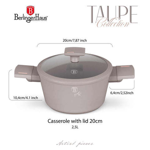 Product image of Casserole with lid 20cm. Part of the Taupe Collection . Features: • Material: forged aluminum with non-stick titanPro coating • Casserole with lid Ø20*10,4 cm 2,5L • Color: matt taupe REGISTERED DESIGN BY BERLINGE.... (Studio view). Official Berlinger Haus product, boosted by Promintra sl.