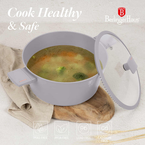 Product image of Casserole with lid 28cm. Part of the Taupe Collection . Features: • Material: forged aluminum with non-stick titanPro coating • Casserole with lid Ø28*12,4 cm 6,1L • Color: matt taupe REGISTERED DESIGN BY BERLINGE.... (Studio view). Official Berlinger Haus product, boosted by Promintra sl.